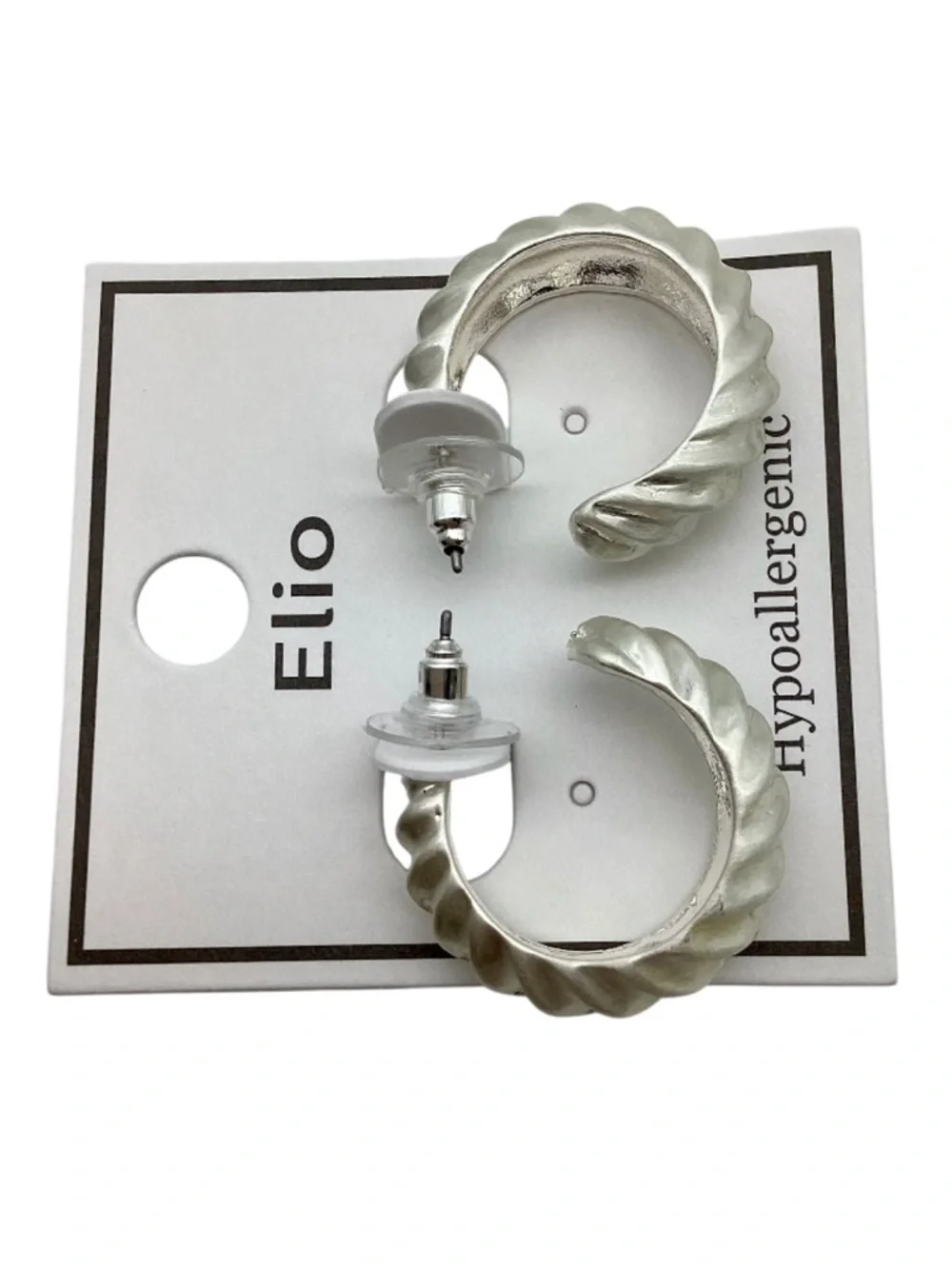 Elio Last Call Lounge Matte Silver Tone Hoop Stud Earrings (NWT)